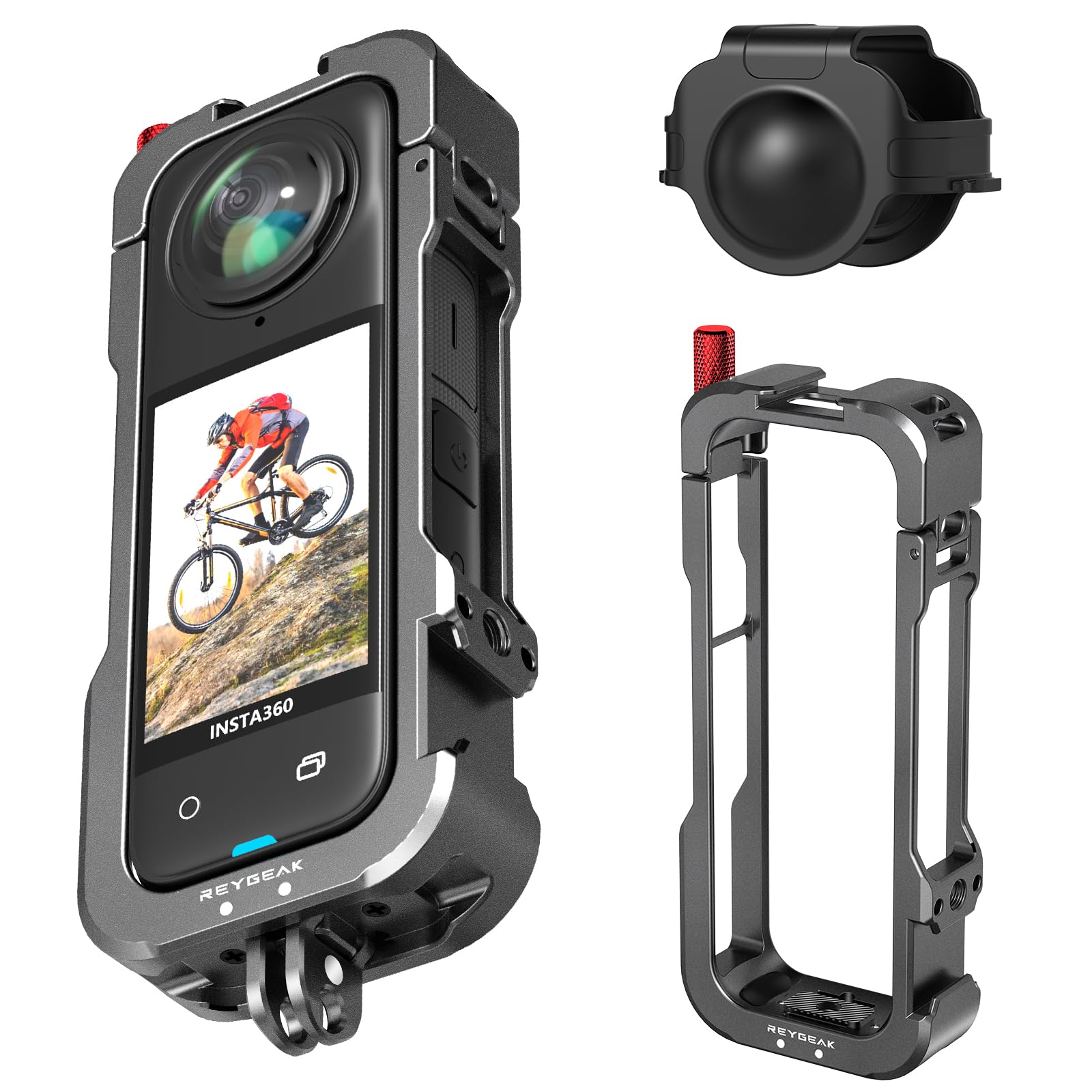 REYGEAK Cage for insta360 X4, Aluminium Utility Frame for Insta360 X4 Metal House Case,Protective Rig with Silicone Lens Cover,Cold Shoe Interface with 1/4" Threads Cold Shoe Mount Folding Fingers