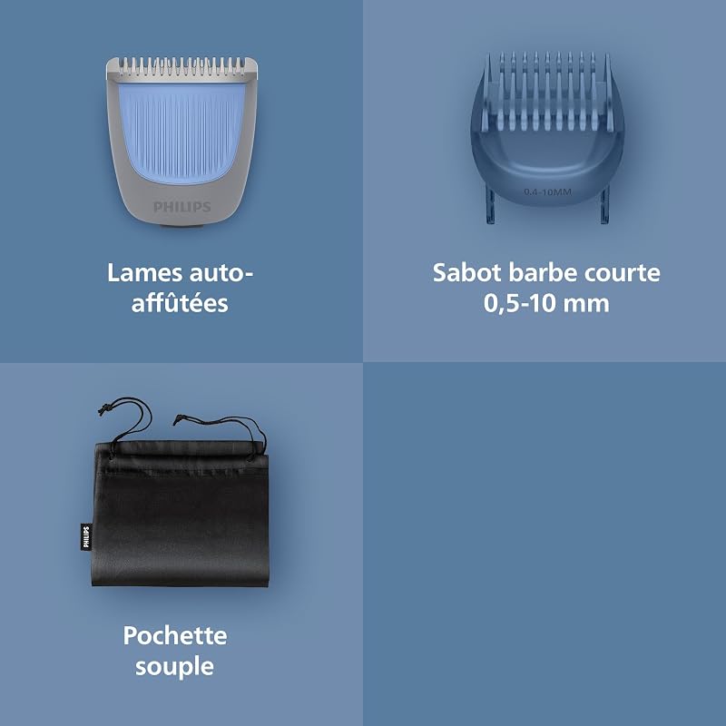 Tondeuse à barbe série 3000 – Lames angles arrondis, 20 hauteurs de coupe réglables, Sabot Lift & Trim, 100% étanche, Indicateur d’autonomie, Pochette souple, Recharge USB, Modèle BT3619/15