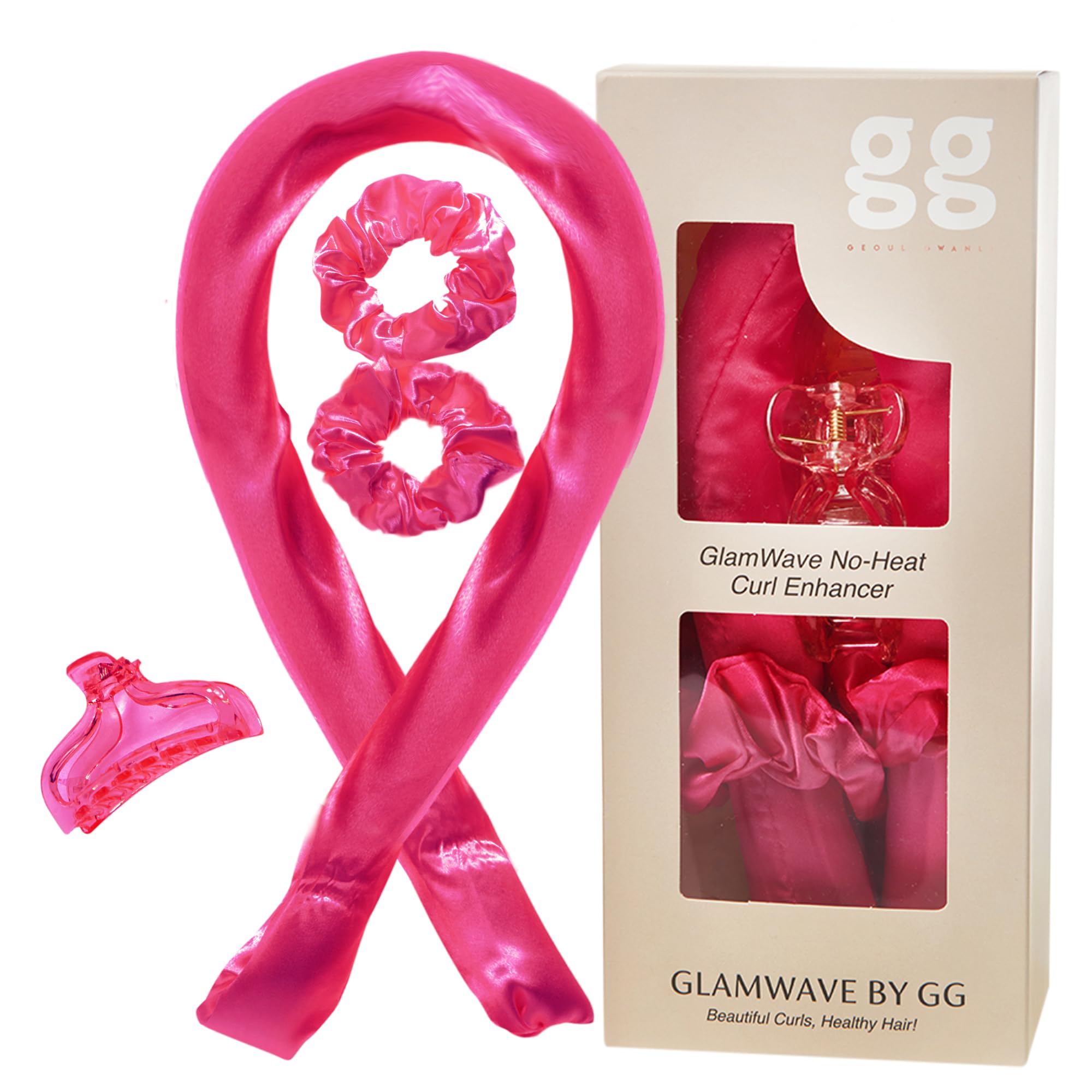 Geoul Gwanli Heatless Hair Curlers Set – Satin Curling Rod, Claw Clip & Scrunchies for Damage-Free Curls, No Heat Hair Styling and Reusable (Dark Pink, Large)