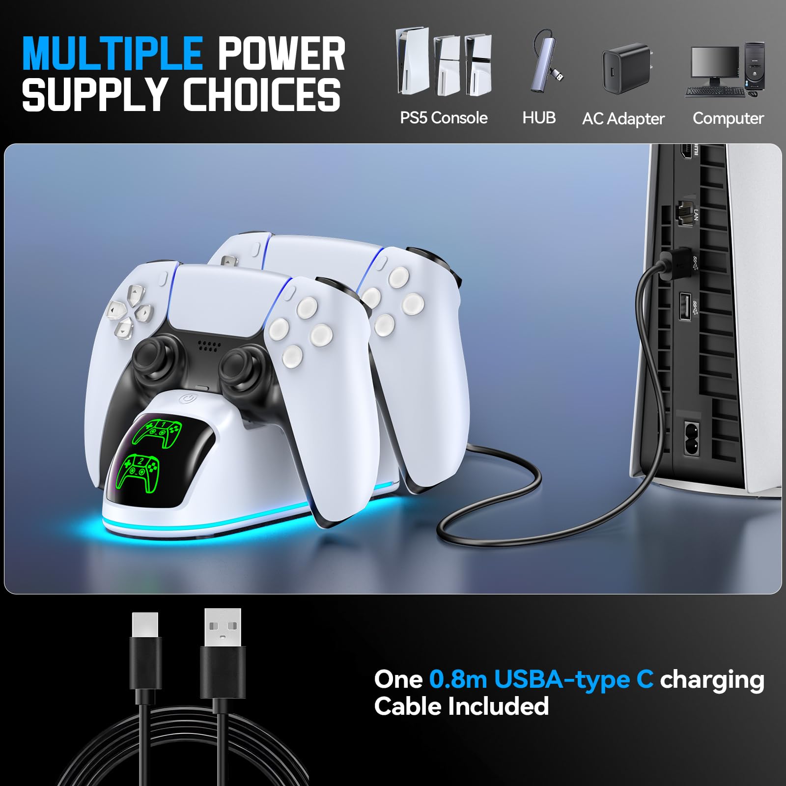 RGB PS5 Ladestation, 2St. Schnelles PS5 Ladegerät für PS5 Original & Edge Controller, mit LED Anzeigen & 9 RGB Beleuchtung, PS5 Controller Ladestation für PlayStation 5 Zubehör, Weiß 6