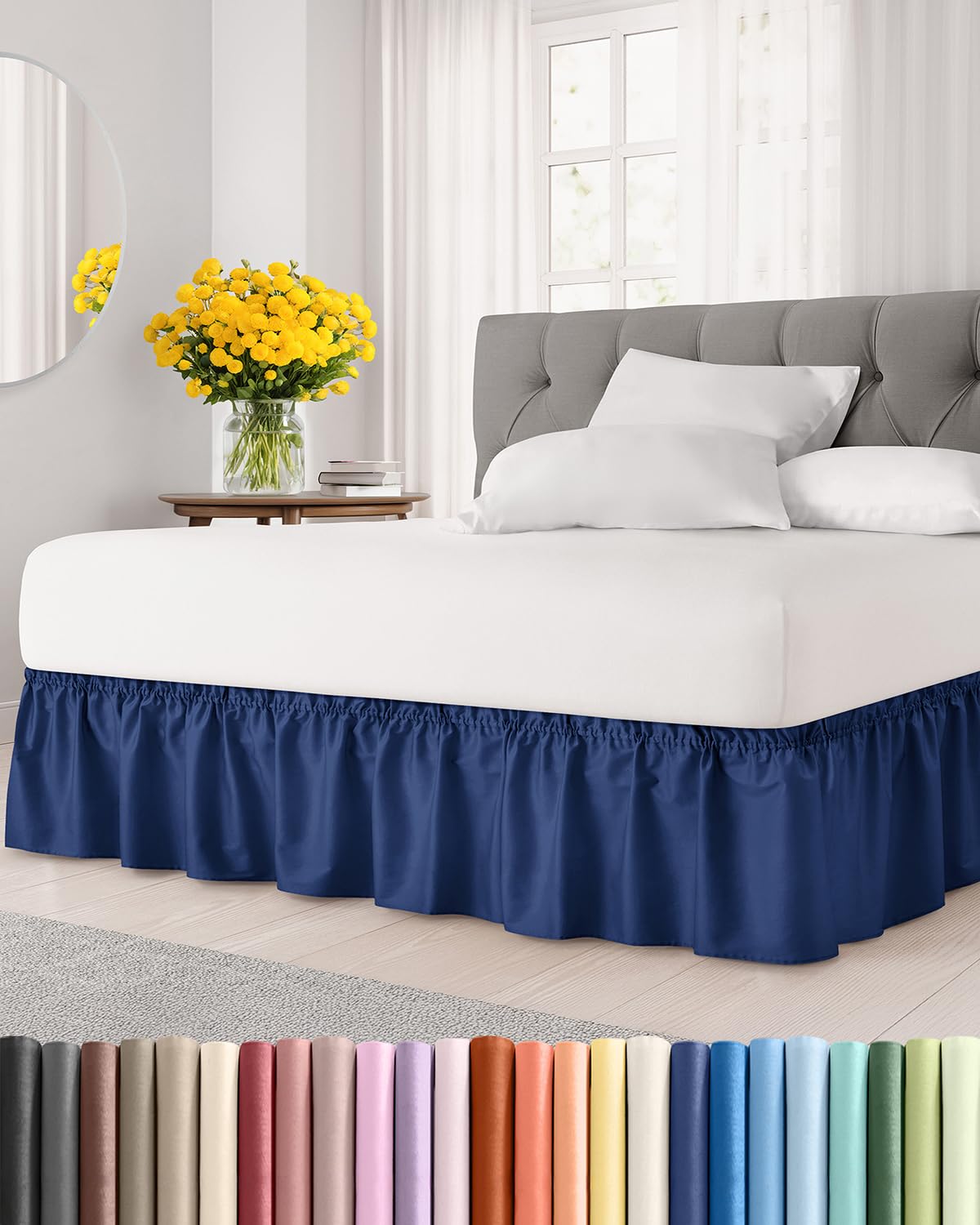 Photo 1 of Wrap Around Dust Ruffle Bed Skirt - Navy Blue - for King Size Beds with 21 Inch Drop - Elastic Strap - Adjustable Pleated Bedskirt with Brushed Fabric and Wrinkle Free - for Women, Men, Kids & Teens