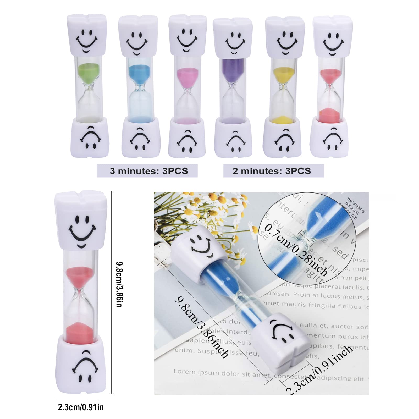6 Stück Sanduhr Zähneputzen Kinder, Bunte Sanduhr Timer, Kleine Sanduhren 3 Minuten/2 Minuten, Zahnputzuhr Glas mit Smile, Farbige Sanduhren Set für Kinder 8