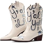 Uootopo Metallic Cowboy boots for Women Embroidered Mid Calf Womens Cowgirl Boots Western Pointed Toe Chunky Heel