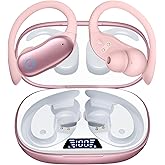 GNMN Ear Buds Wireless Earbuds 96hrs Playback Bluetooth Headphones IPX7 Waterproof Stereo Bass Over-Ear Earphones with Earhooks Microphone LED Battery Display (Rose Pink)