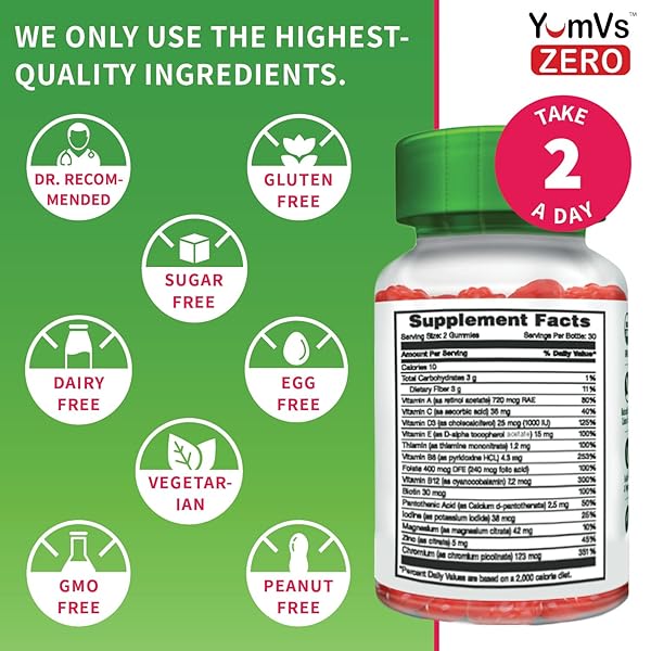 YUM-V’S YUMVS MULTIVITAMIN GUMMIES | SUGAR FREE SUPPLEMENT VITAMINS FOR WOMEN & MEN | CHROMIUM, THIAMINE AND MAGNESIUM | NATURAL RASPBERRY FLAVOR CHEWABLES – 60 COUNT