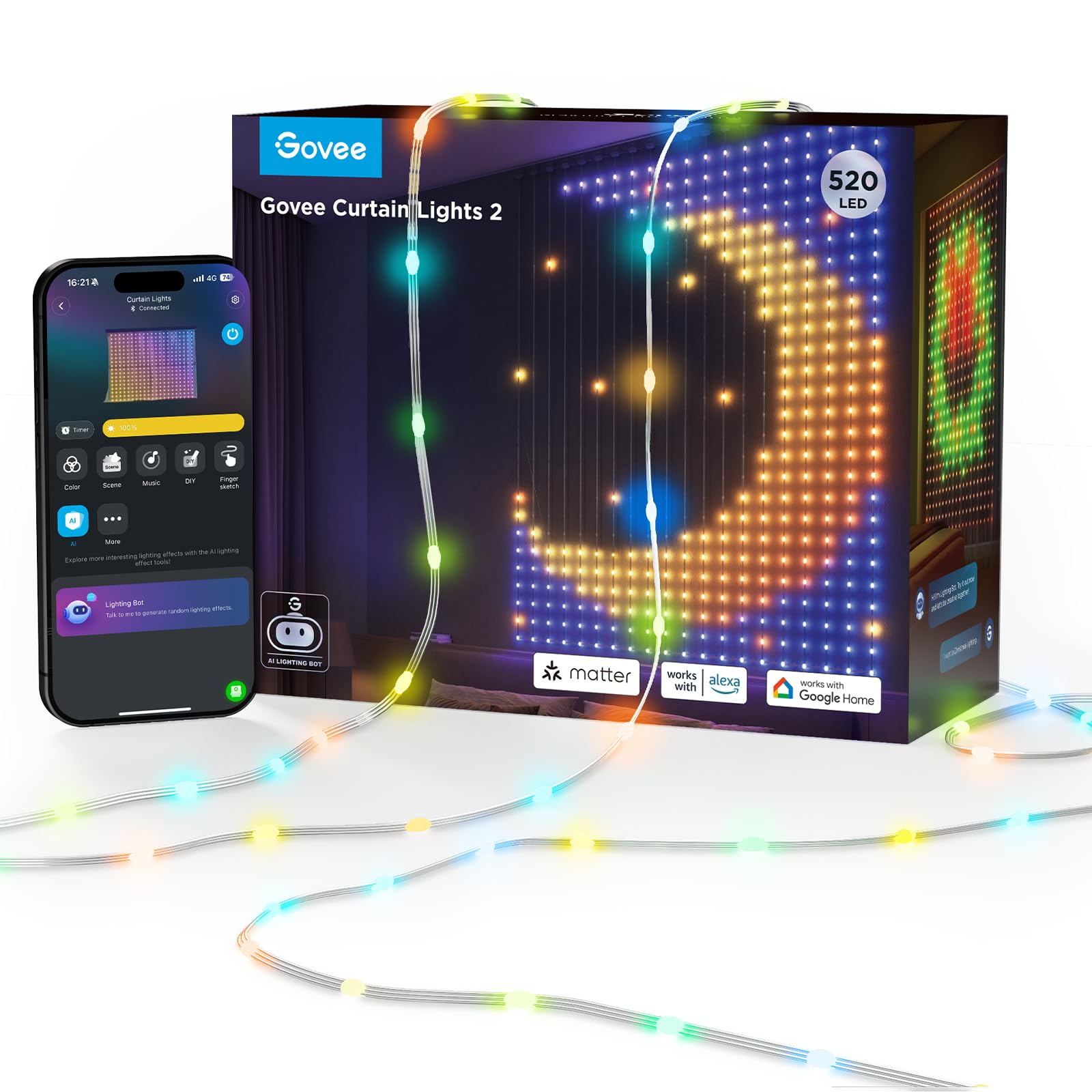 Govee Curtain Lights, Smart LED Curtain with DIY GIF, RGBIC Color Chaning Wall Lights for Bedroom Window Backdrop Dynamic Christmas Decor, 520 LEDs, 5×6.6ft