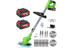 KAVLFA Electric Weed Wacker Cordless, 21V Weed Cordless Eater, 4 in 1 Lightweight Stringless Brush Cutter, with 2 Pcs 4.0 Ah Battery Grass Trimmer, 4 Types Blades for Yard Clearing (Green)