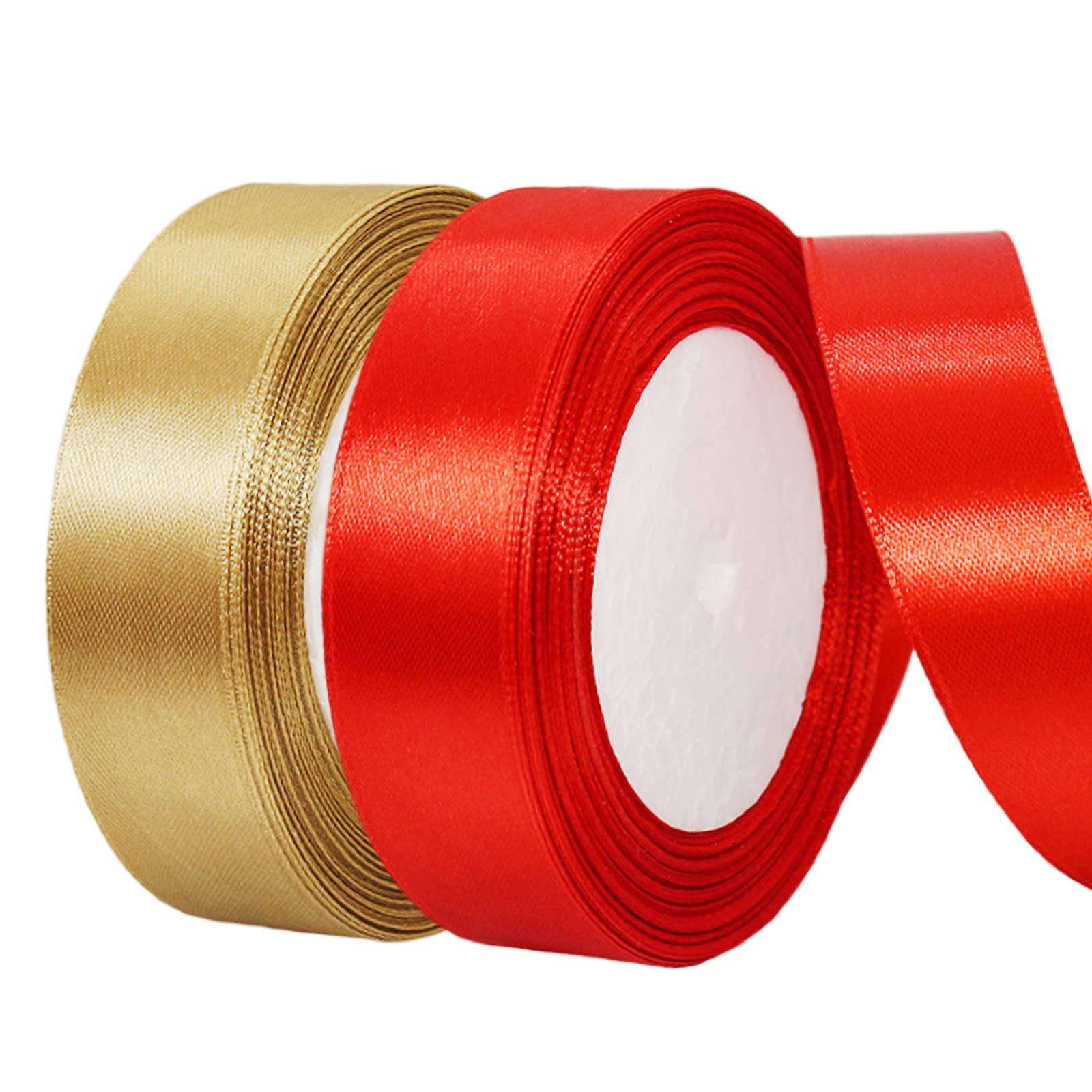 2 x 25mm Gold and Red Ribbon Thick Christmas Ribbon for Gift Wrapping 22m, 1 inch Gold Red Thick Satin Ribbon for Christmas Cake Xmas Gift Wrapping Bow Bouquet Crafts Decorations
