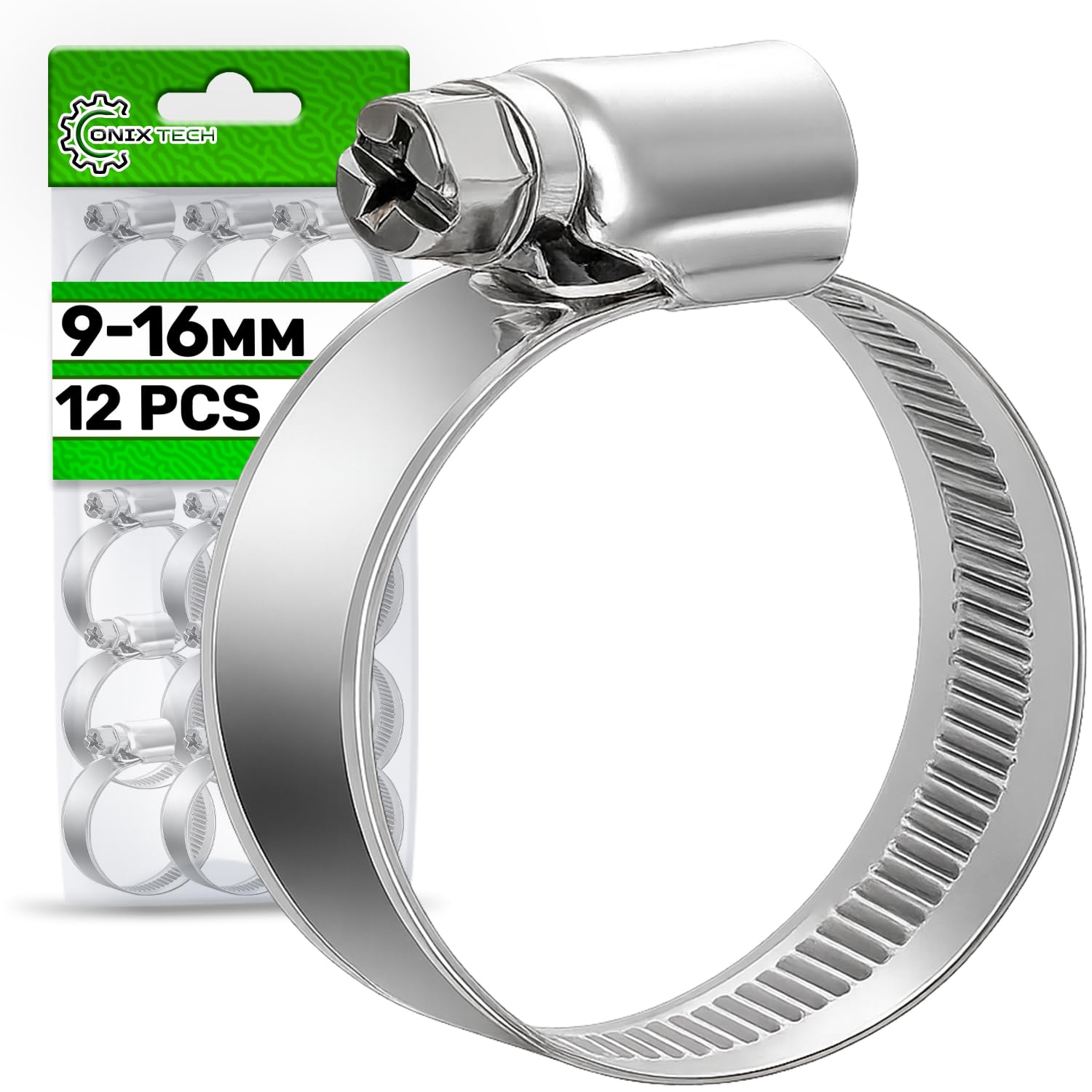 12 Pieces Metal Hose Clips Ø 9-16 mm - Hose Clamp Ensure Secure Fastening and Simple Installation - Made in Spain - ONIX TECH