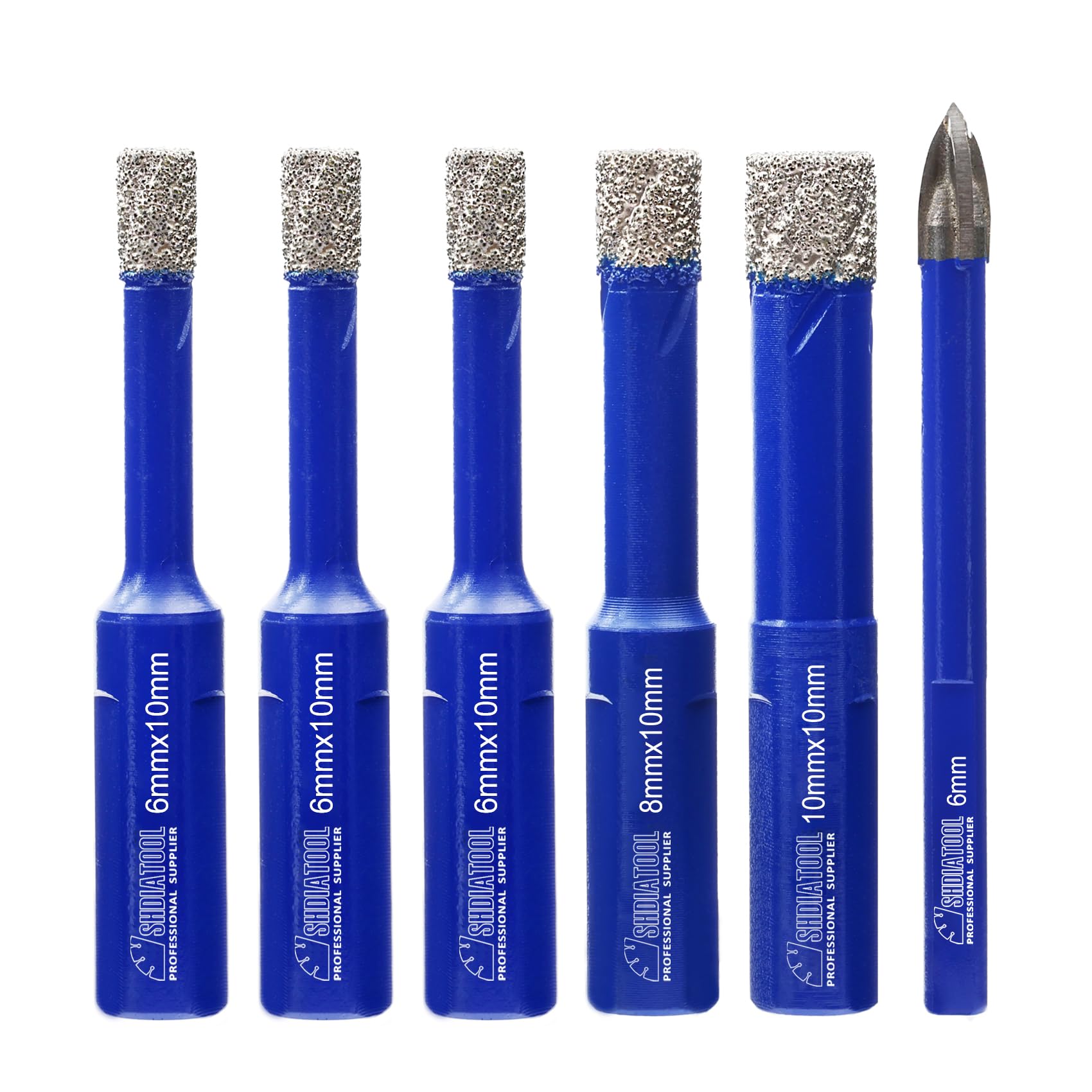 SHDIATOOL Diamond Drill Bits 6/6/6/8/10MM,with Carbide Tip Drill 6mm,Core Bits with Triangle Shank Hole Saw Cutter for Porcelain Tile Marble Ceramic Granite,Dry Wetting Drilling, 6pcs Total