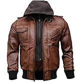 Mens Genuine Black Hooded Bomber Leather Jacket | Real Lambskin Waxed Brown Leather Jackets for Men with Removable Hood