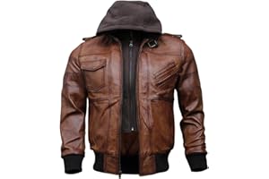 ARTISTRY LEATHER Mens Genuine Black Hooded Bomber Leather Jacket | Real Lambskin Waxed Brown Leather Jackets for Men with Removable Hood