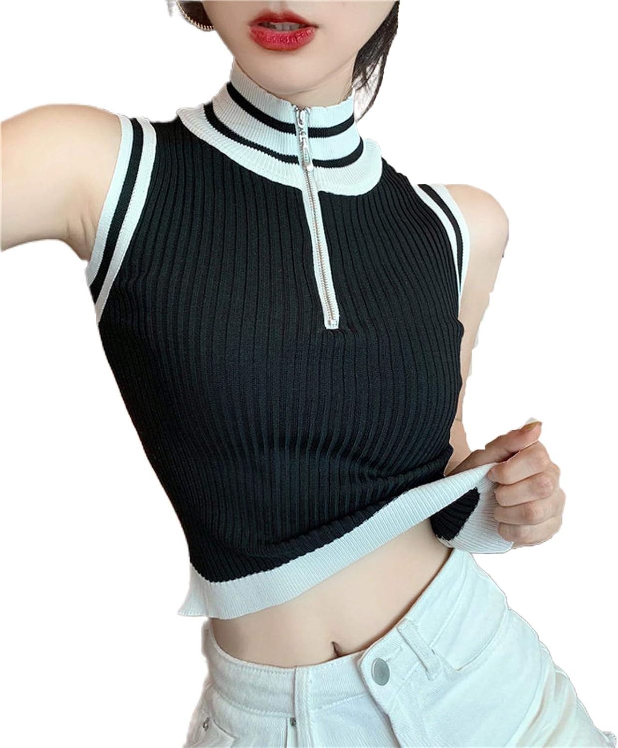 whocare Women Slim Knitting Front Zipper Turtleneck Tank Crop Tops