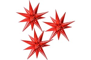 CYMYLAR 3pcs 26inch 3D Explosion Star foil balloon, christmas day red Foil Cone star burst Balloons for Birthday Wedding New Year Party Event