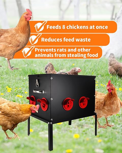 AUTOMATIC CHICKEN FEEDER –50 LBS 8 FEEDING PORTS,LARGE METAL CHICKEN FEEDERS – NO WASTE POULTRY FEEDER WITH LOCKING LID AND LEGS FOR INSIDE COOPS