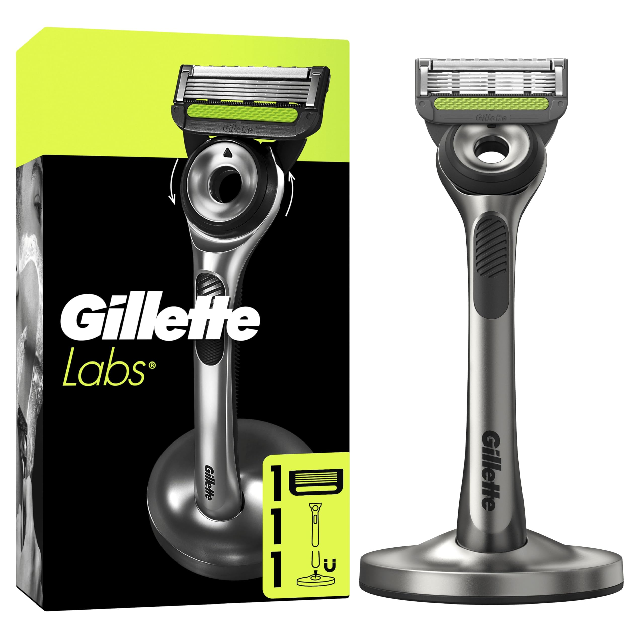GilletteLabs Men's Razor + 1 Razor Blade Refill, with Exfoliating Bar, Includes Premium Magnetic Stand