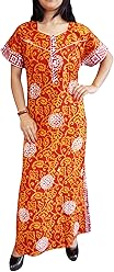 Mogul Interior Womens Caftan Maxi Dress Printed Cotton Summer Nightgown L