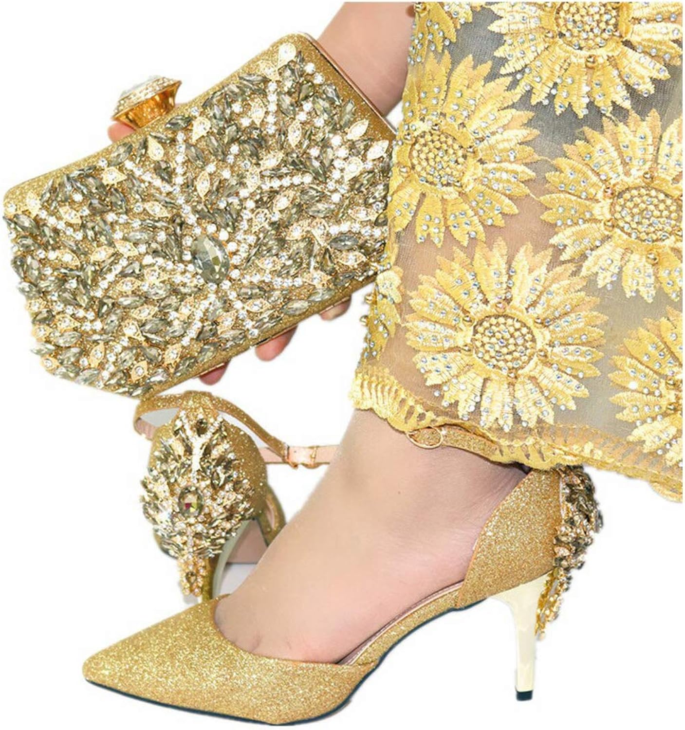 gold shoes and matching clutch bag