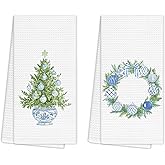 EGBTL Chinoiserie Christmas Tree Kitchen Towels, Grandmillennial Christmas Wreath Hand Towels for Bathroom Decor, Light Blue Xmas Dishcloths Dish Towel for Kitchen 16x24 Inches Set of 2