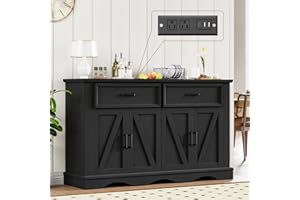 LEGACYAMERHOME 56" Large Wooden Buffet Cabinet with Storage, Modern Coffee Bar and Wine Bar, Wave Base Design, Multi-Purpose Buffet Table with Charging Station for Dining Room, Kitchen or Living Room, Black