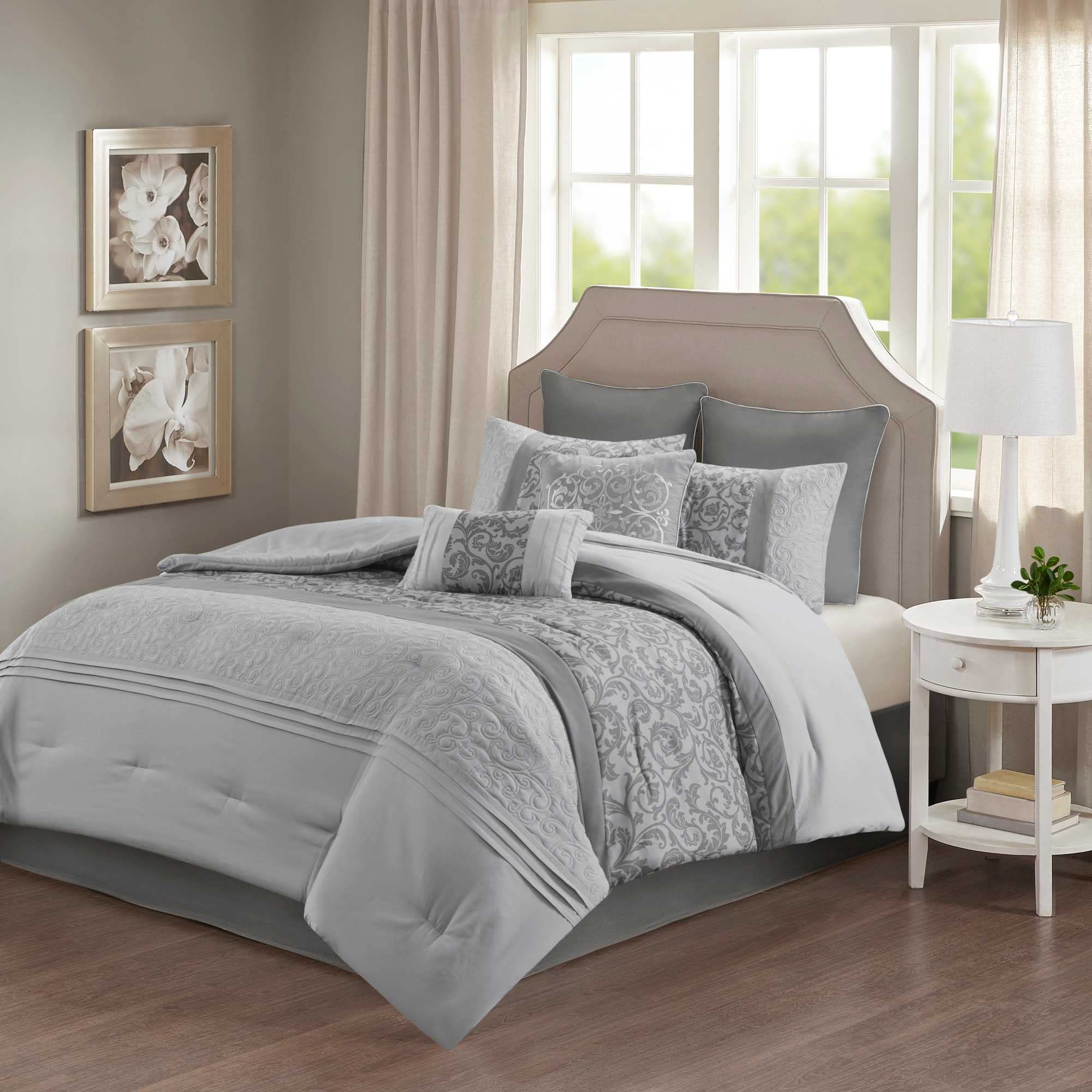 Photo 1 of 510 DESIGN Luxe Quilted Comforter Set Modern Transitional Design, All Season Down Alternative Warm Bedding Matching Shams, Bedskirt, Decorative Pillow, California King, Ramsey Damask Grey