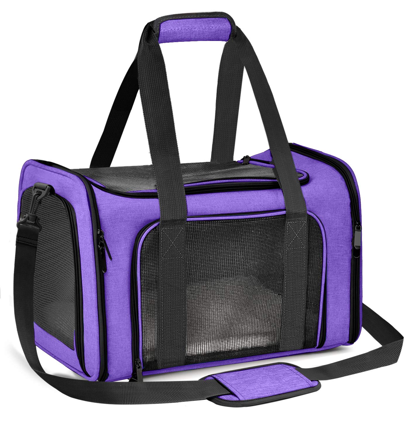 Qlfyuu Portable Pet Carrier - Soft Sided, Foldable, Airline Approved for Cats, Dogs, Bunnies & Puppies up to 15lbs (Purple, Large)