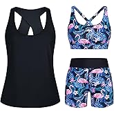 HUSKARY 3 Piece Tankini Swimsuits for Women Swim Tank Top with Bra and High Waist Boy Shorts with Pockets