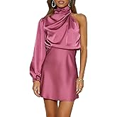 Women's Satin Long Sleeve One Shoulder Mini Dress Silk One Sleeve Turtle Neck Cut Out Cocktail Short Dress for Women