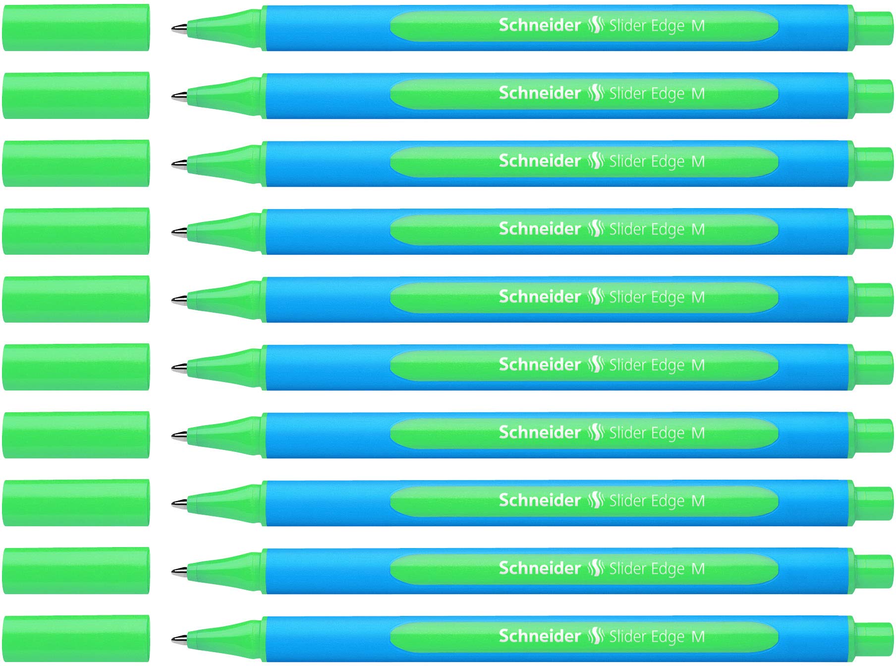 Schneider Slider Edge Ballpoint Pens with Cap Model M Pack of 10 / Cyan and Green Barrel / Green Ink