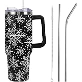 Christmas Tumbler with Handle and Straw Lid 40 oz,5D Cute Christmas Gifts for Women Black Snowflakes Vacuum Insulated Leak Proof Tumbler,Winter Holiday Accessories Stainless Steel Coffee Cup Mug