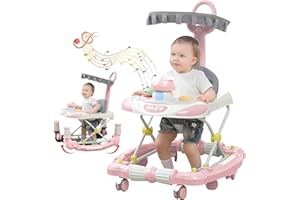 DARE TOBE Baby Walker with Wheels-Variable Rocking Horse, Interesting Walker for Baby Girl Adjustable Height (8-17in) & Width, Walkers for Babies 6-12 Months, with Music, Foot pad, Handle, 2s Foldable