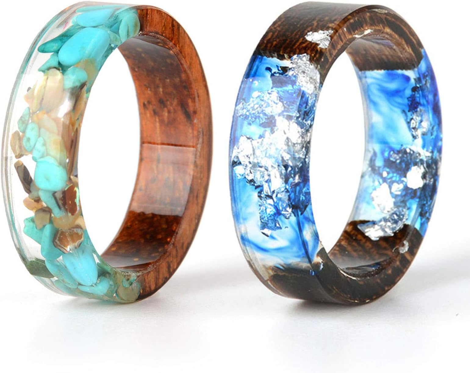 NDJEWELRY Unique Wood Plastic Resin Ring with Turquoise Insided Transparent Crystal Band Ring Best Handmade Gift for Her