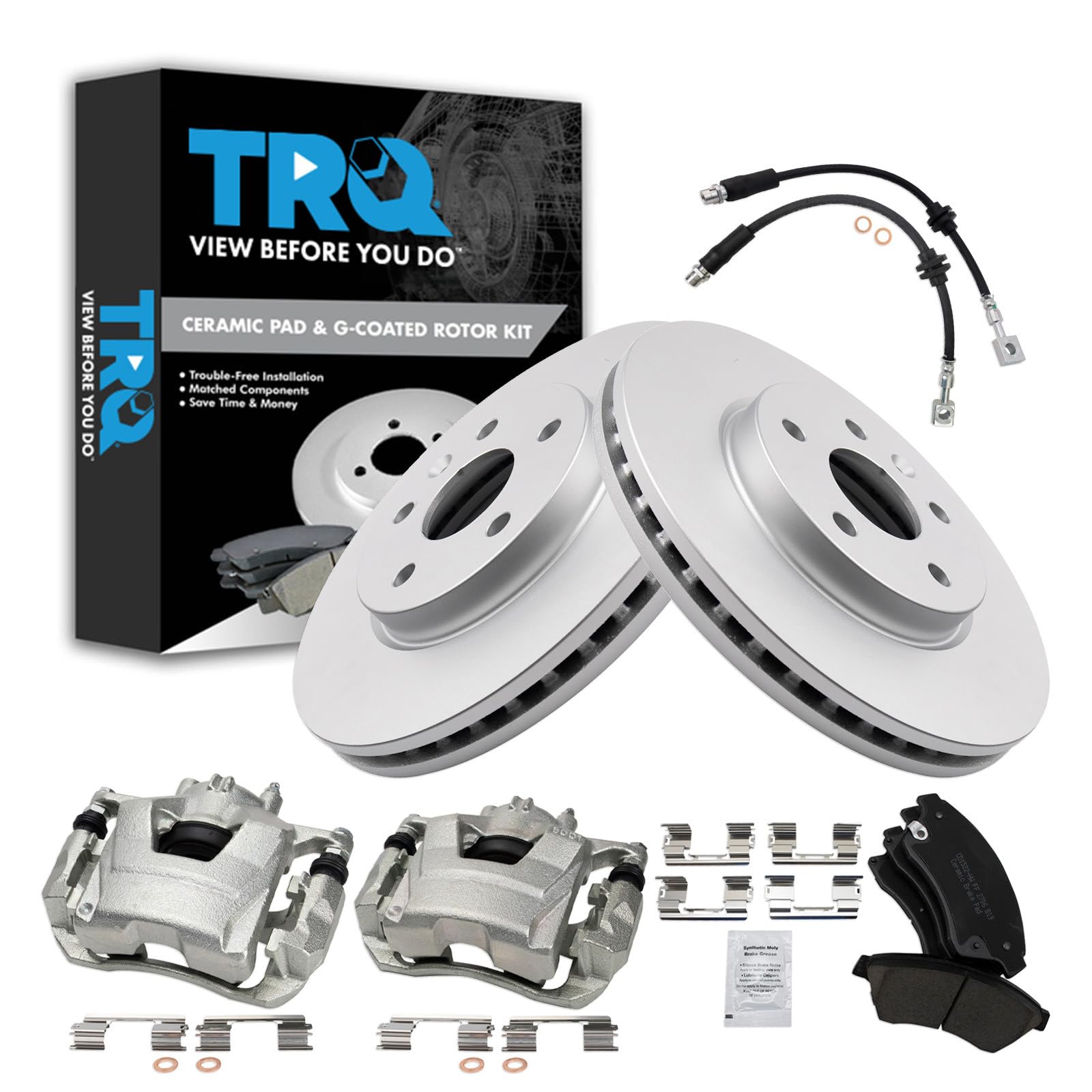 TRQ Front Brake Pad and Rotor Set Ceramic G Coated Rotors Calipers Hoses Compatible with 2013-2014 Chevrolet Cruze Image