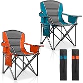 LANMOUNTAIN 2 Pack Padded Oversized Camping Chairs for Adults,Heavy Duty Support 400 Lbs,Folding Portable Lawn Chair w/Cup Holder,Cooler Bag,Side Pocket,Perfect for Outdoor Picnic,Hiking(Orange&Blue)