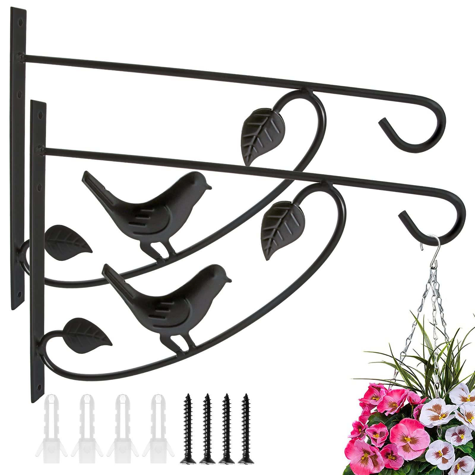 AHUNTTER 2 Pack 13" Heavy Duty Hanging Basket Brackets Wrought Iron Wall Mount Planter Hooks Metal Outdoor Garden Planter Flower Hanger with Screws for Bird Feeder Fence Lantern Wind Chimes - Black