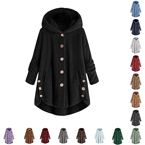 Fleece Jacket Women Fleece Jacket Women UK Winter Hooded Coats Long Sleeve Teddy Bear Coat Oversized Button Up Sherpa Sweater Outerwear Warm Winter Coats for