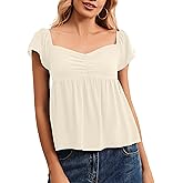 HOCANDY Womens Flowy Peplum Tank Tops Ruffle Sleeve Babydoll Tank Top Sweetheart Neck Smocked Back Short Sleeve Going Out Top