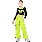 LOLANTA Girls Hip Hop Dance Clothes 2 Piece Outfits Jazz Team Long Sleeve Crop Top Cargo Pants Set