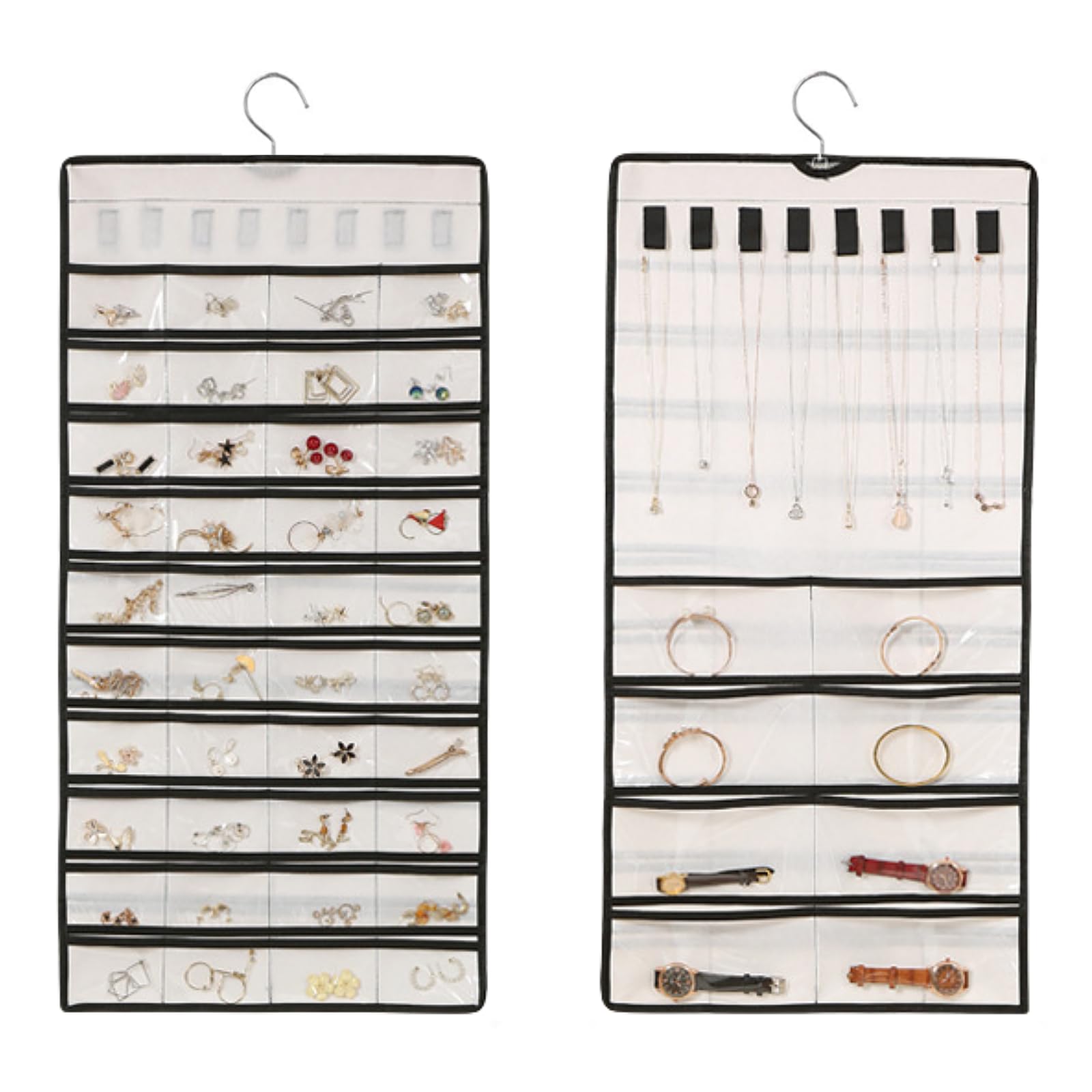 QINBINENG Dual sided Jewelry Organizer Hanging, Hanging Jewelry Organizer, Jewelry Roll with Metal Hooks, 48 Pockets Wardrobe Storage Bag for Travel Storing Earrings Necklaces Bracelets