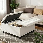 FUXA 35" Large Square Ottoman with Storage and Lift Top, Wood Legs, Beige | Oversized Coffee Table, Tufted Upholstered Bench, Sturdy Construction, for Living Room