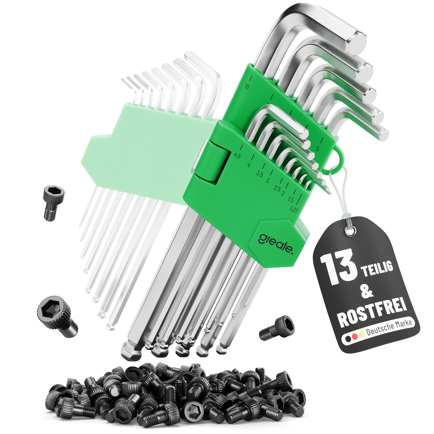 greate Sechskantschlüssel Set mit Kugelkopf 13 teilig - 1,27 bis 10 mm Innensechskantschlüssel aus CRV Stahl mit stabilem Klapphalter - Innensechskant Satz, Hex Key Set, Innen Sechskant Schlüssel