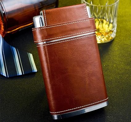 Right Products Stainless Steel and Stitched Leather Hip Flask 8 Oz for Men - Liquor Flask Or Wine Whiskey Alcoholic Beverage Holder with Funnel Gift Set - Classy Brown