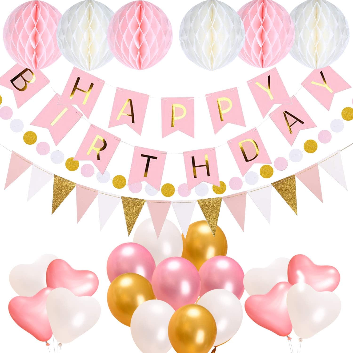 AceLife Birthday Party Decorations Supplies, Happy Birthday Banner Flags, 15 Triangle Bunting Flags, String Polka Dot Garland for Girls