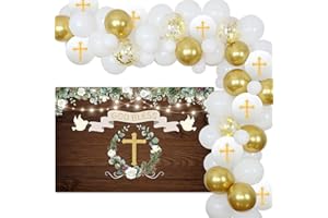 Xugoox 65Pcs First Communion Balloon Garland Kit White Gold God Bless Baptism Theme Party Decorations with Backdrop Cross Bal