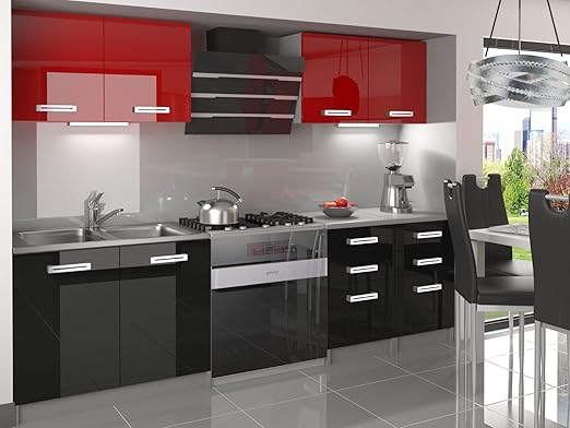 Naka24 Neu Komplette Kuche Infiniti I 160 Cm Hochglanz Verschiedene Farbkombinationen Schwarz Rot Amazon De Kuche Haushalt