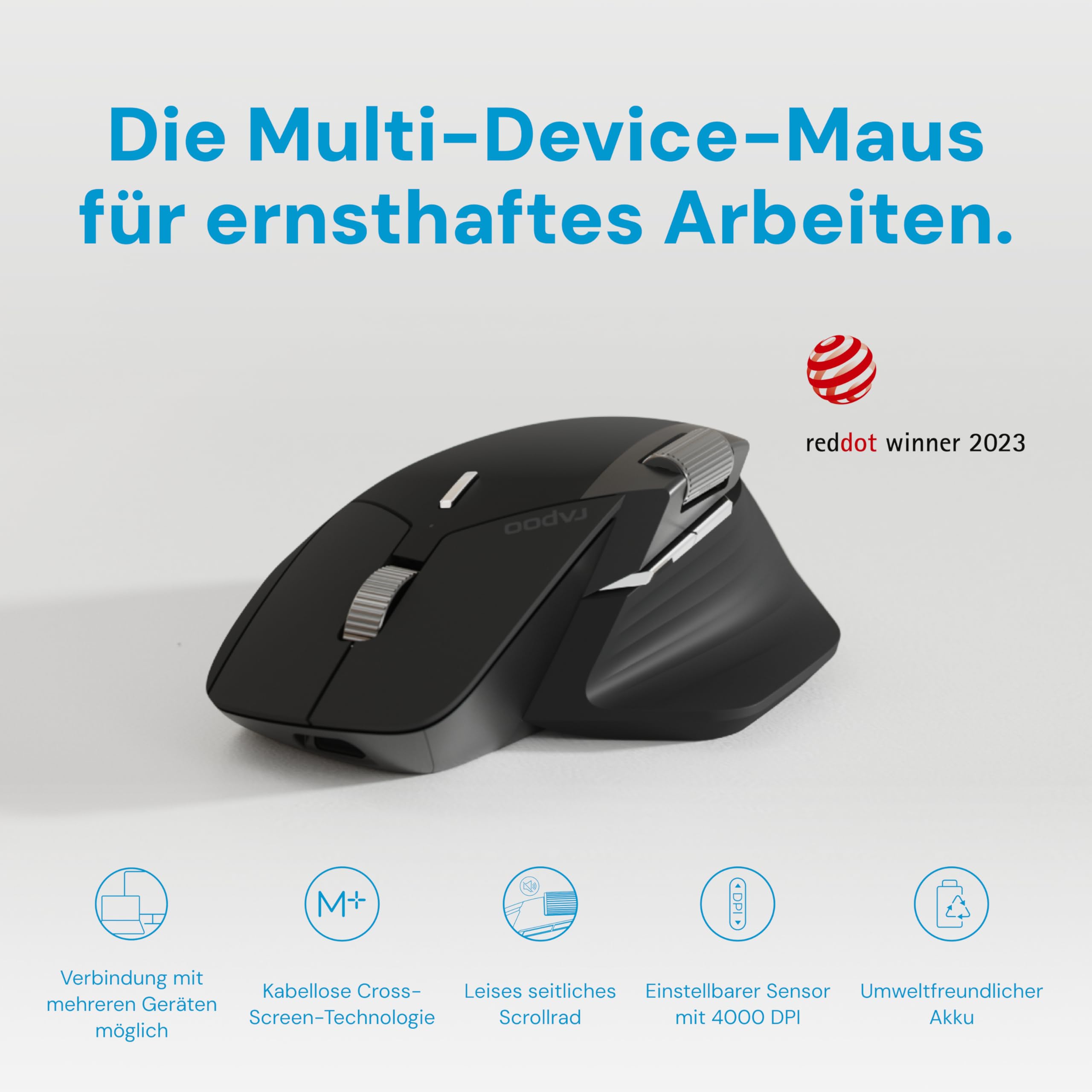 Rapoo MT760L wireless Mouse silent - USB Wireless 2.4G und Bluetooth Maus kabellos, bis 4000 DPI, leiser klick, Multi Device, Daumenscrollrad, Akku, für PC, Mac, grau-schwarz 2