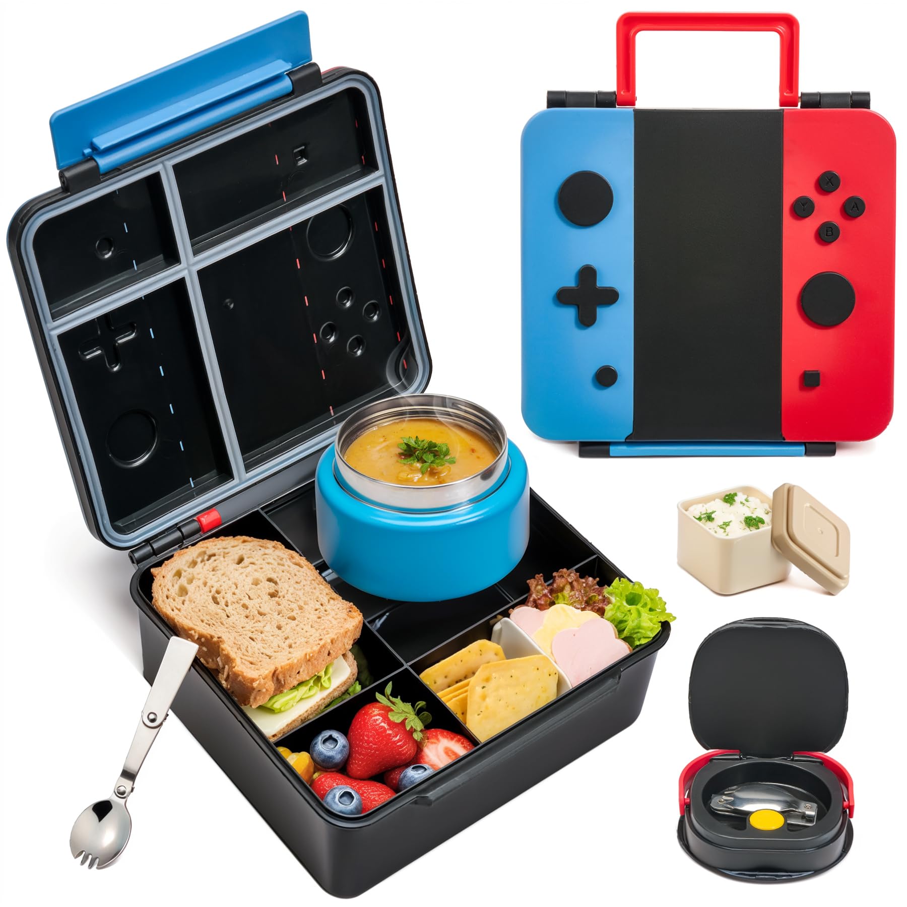 Photo 1 of **MISSING PIECES*** Game Bento Box for Kids, Lunch Box with Thermo(9oz Food Jar), Folding Spoon, Removable Divider & Sauce Cup, Lunch Box Kids for School,Travel, BPA-Free & Realistic Shape(Blue-Red)