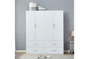 TrendTerrace 74" 4 Door Armoire Wardrobe Closet, Wooden 4 Drawers Tall Cabinet Closet Wardrobe for High Storage Capacity, White Closet Cabinet with Hanging Rod and 3 Storage 63" L x 20.3" W x 74.2" H