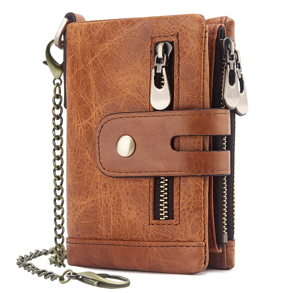 REETEE Mens Wallet RFID Blocking Men's Genuine Leather Wallet and Zipper Coin Pocket Bifold Purse with Chain 16 Credit Card Holder Genuine Leather Gents Wallets Slim Purse (Light Brown) — image 1