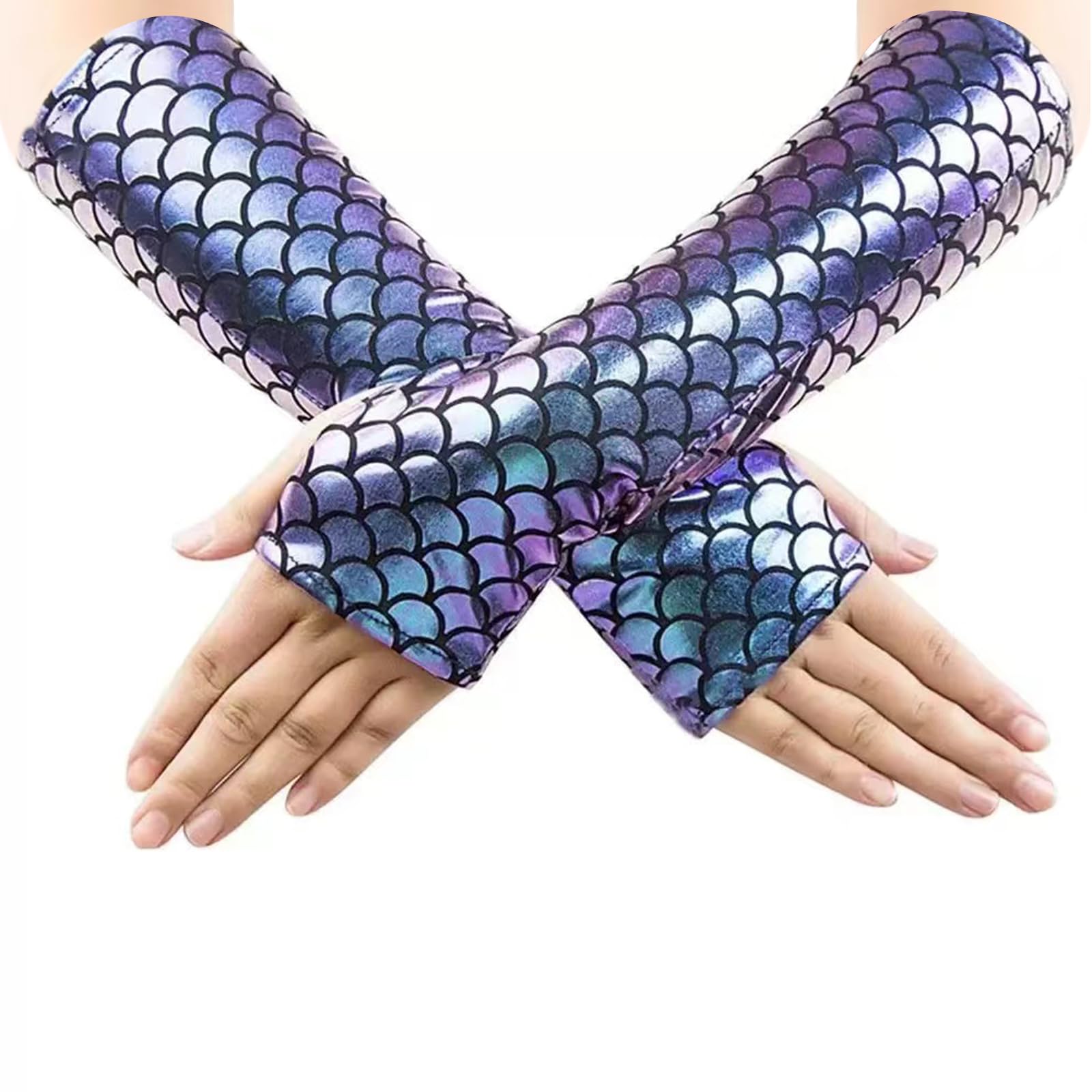 Mermaid Scale Gloves, Fish Scale Arms Fingerless Long Gloves, Mermaid Fingerless Sleeves, Cosplay Party Gloves Costume Accessories for Women Girls Ladies Halloween Stage Shows Carnival Masquerade